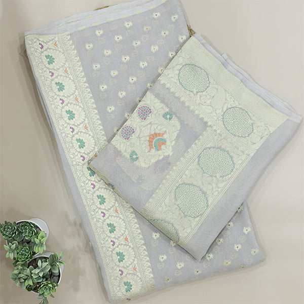 Silver Mist Khadi Georgette Silk Suit with Multicolor Harmony Dupatta