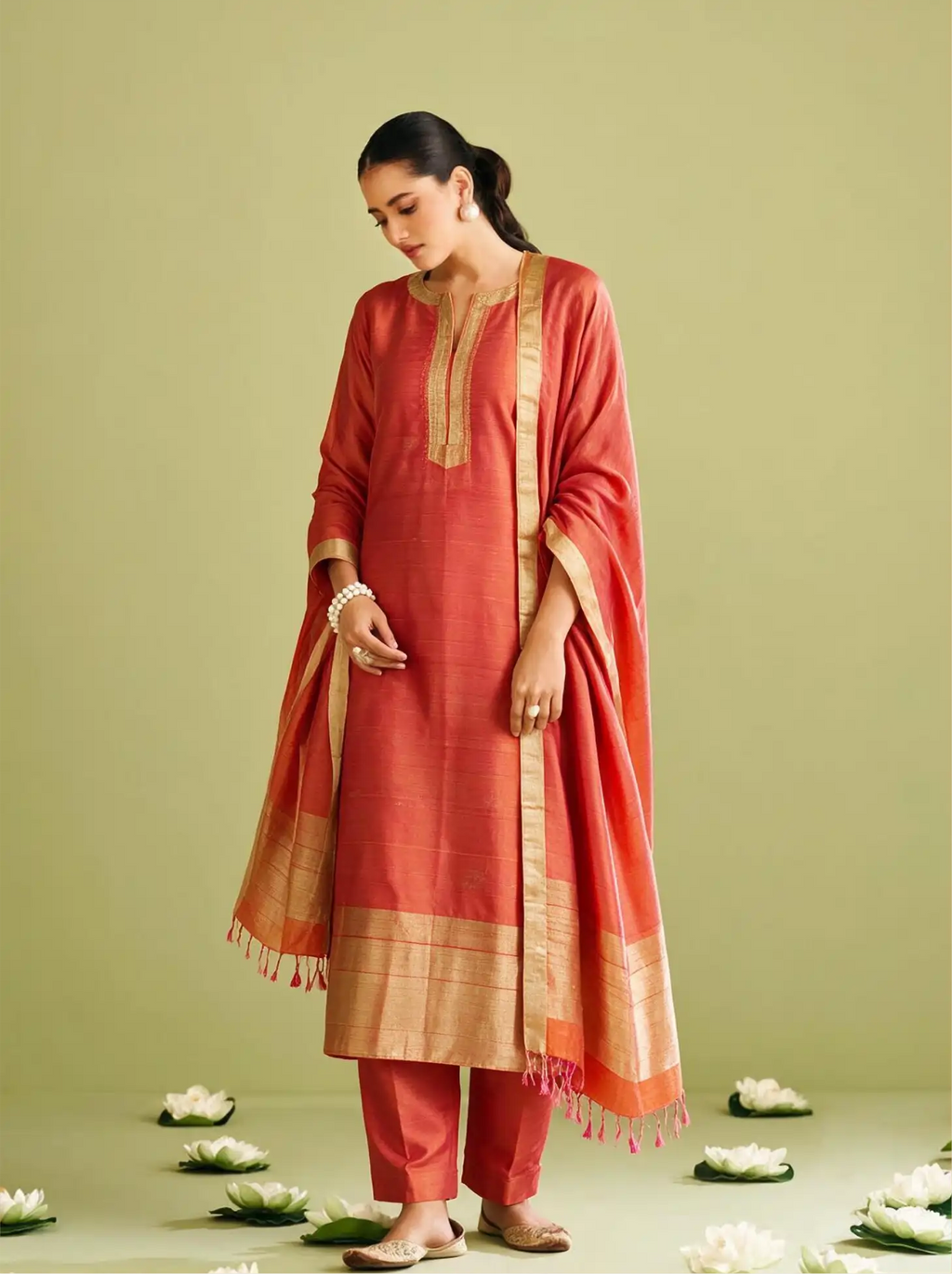 Handwoven Matka Silk Rust Orange Meena Boota Suit Set