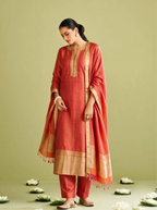 Handwoven Matka Silk Rust Orange Meena Boota Suit Set