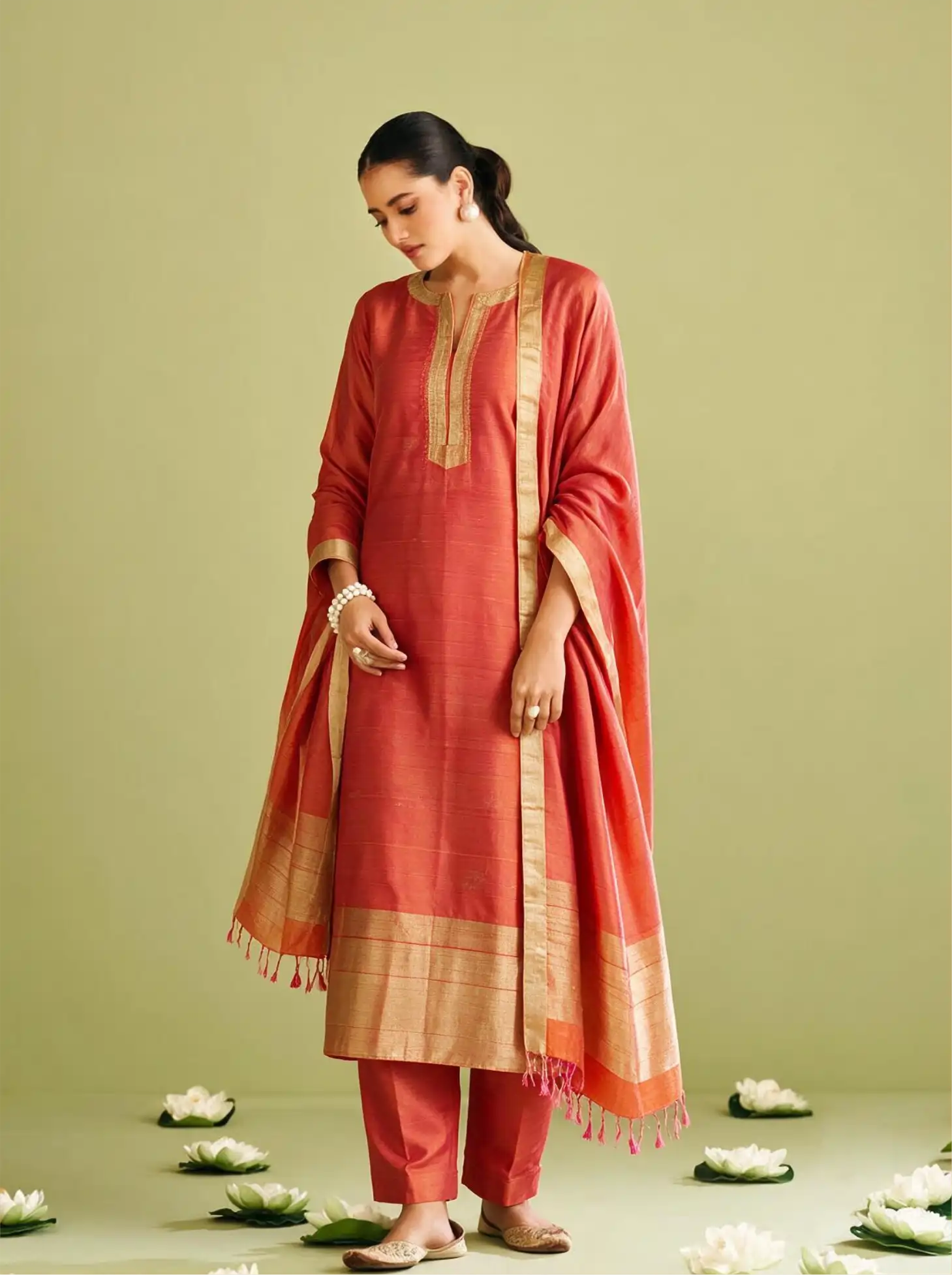 Handwoven Matka Silk Rust Orange Meena Boota Suit Set