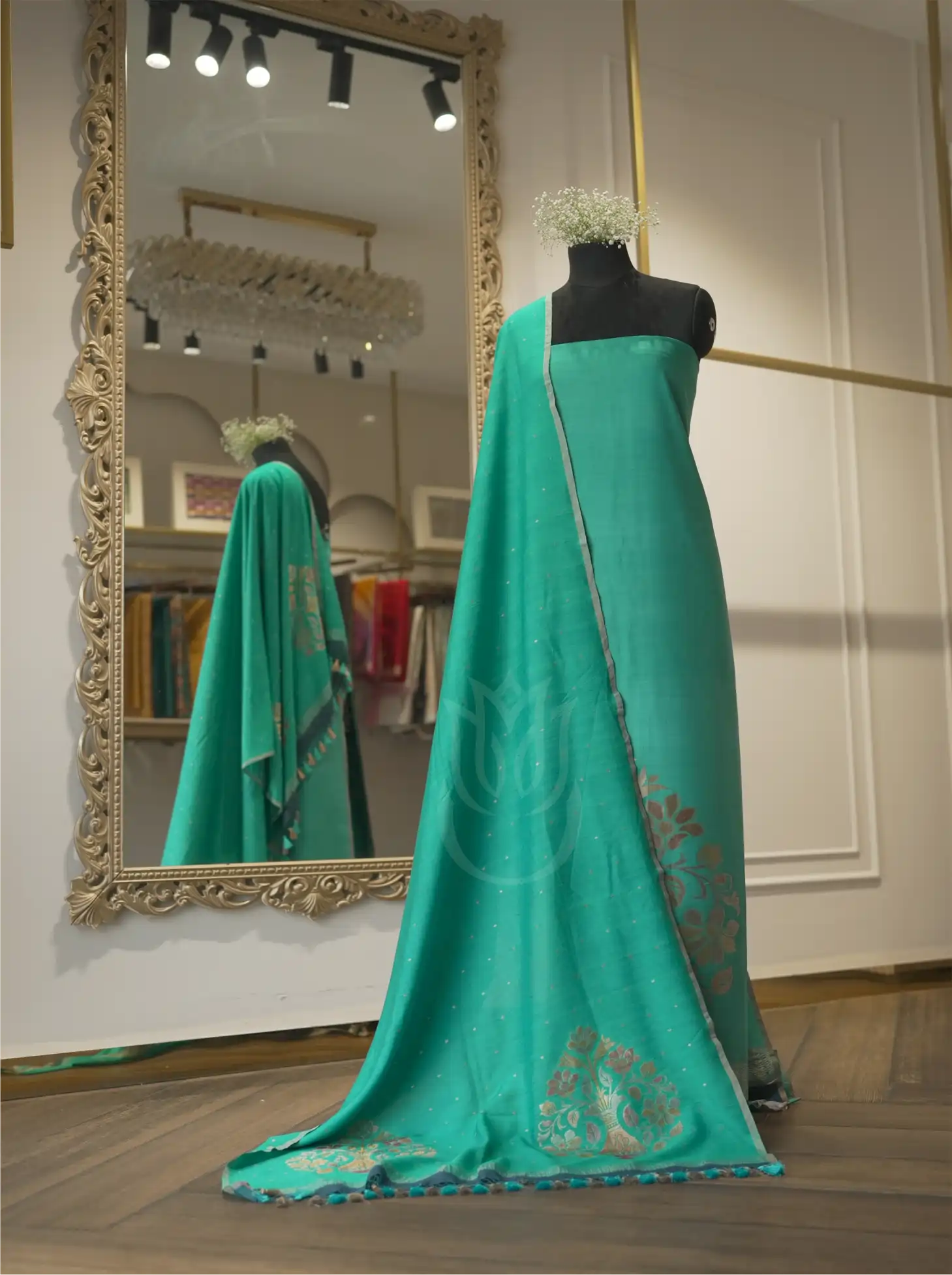 Handwoven Georgette Silk Teal Green Suit Set – Unstitched Silk Suit