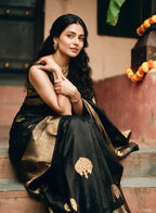 Handwoven Black Katan Silk Saree with Gold Zari Border