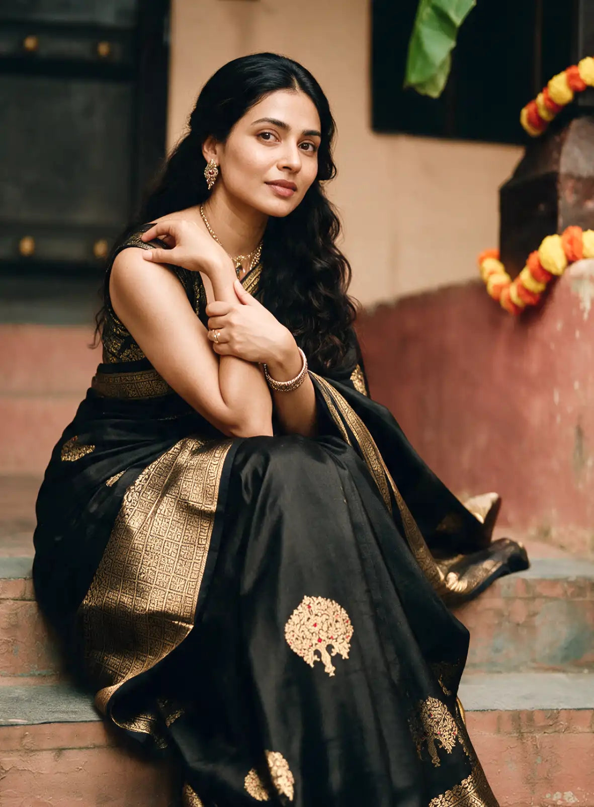 Handwoven Black Katan Silk Saree with Gold Zari Border