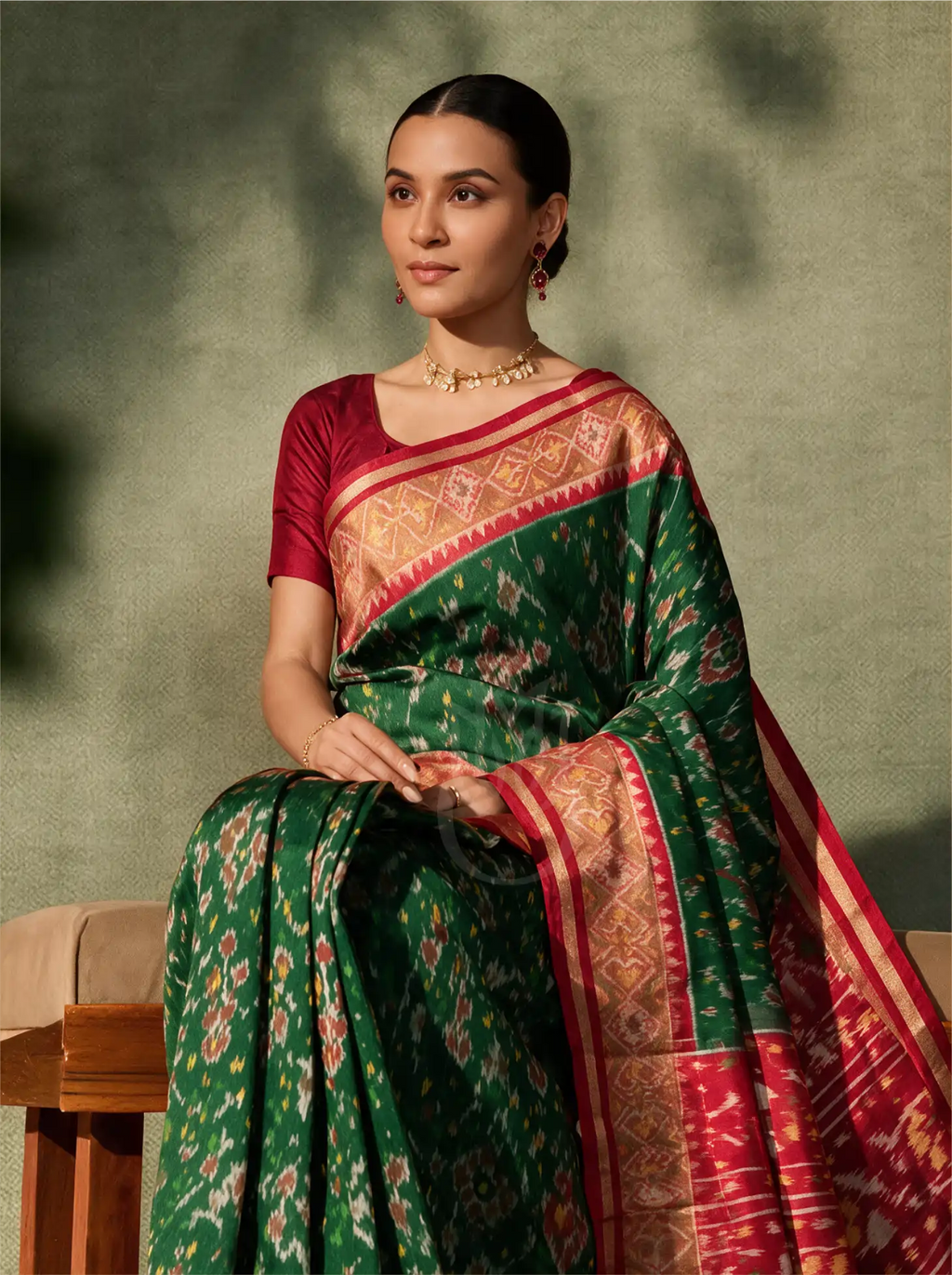 Handwoven Pure Patola Silk Saree in Peacock Green & Red