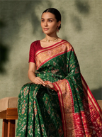 Handwoven Pure Patola Silk Saree in Peacock Green & Red
