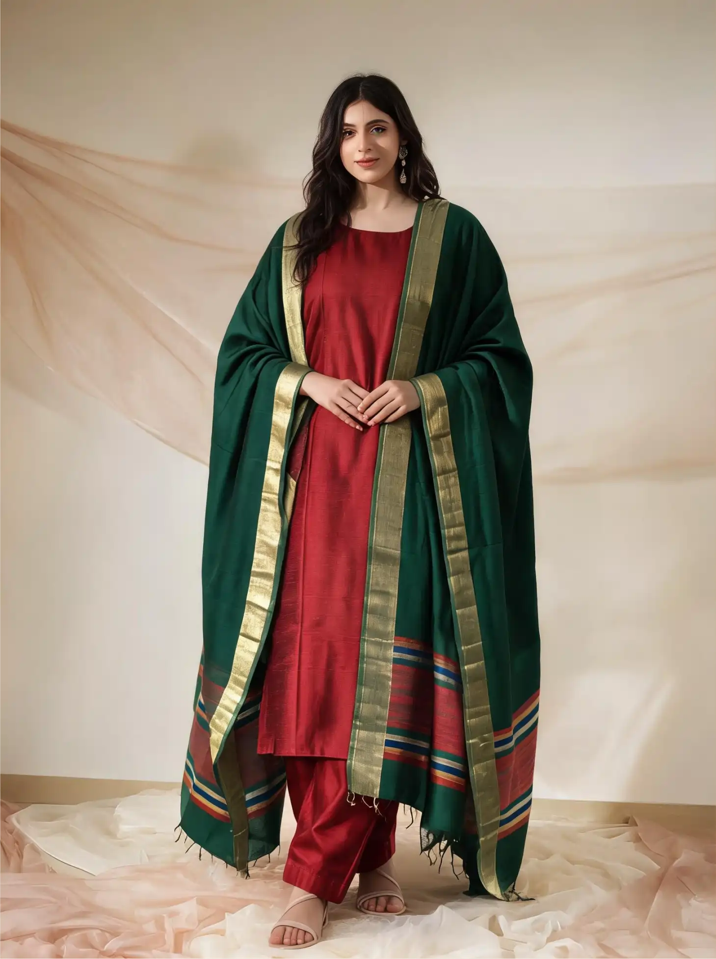 Handwoven Matka Silk Red & Green Suit Set – Unstitched Silk Suit