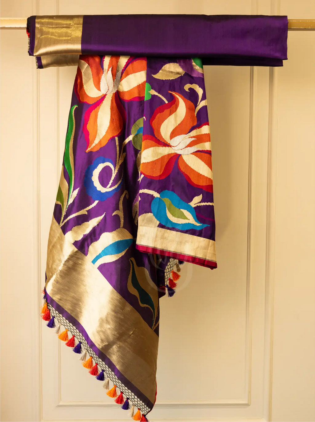Handwoven Katan Silk Royal Purple Suit Set with Multi-Color Motif Dupatta