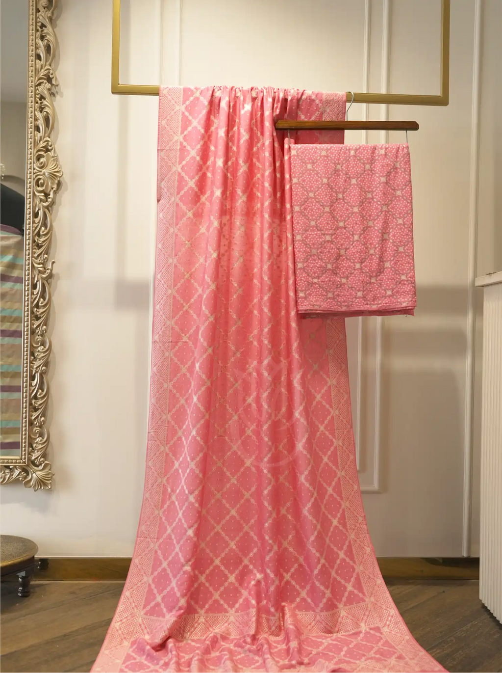 Handwoven Munga Silk Pink Phulkari Pattern Suit Set
