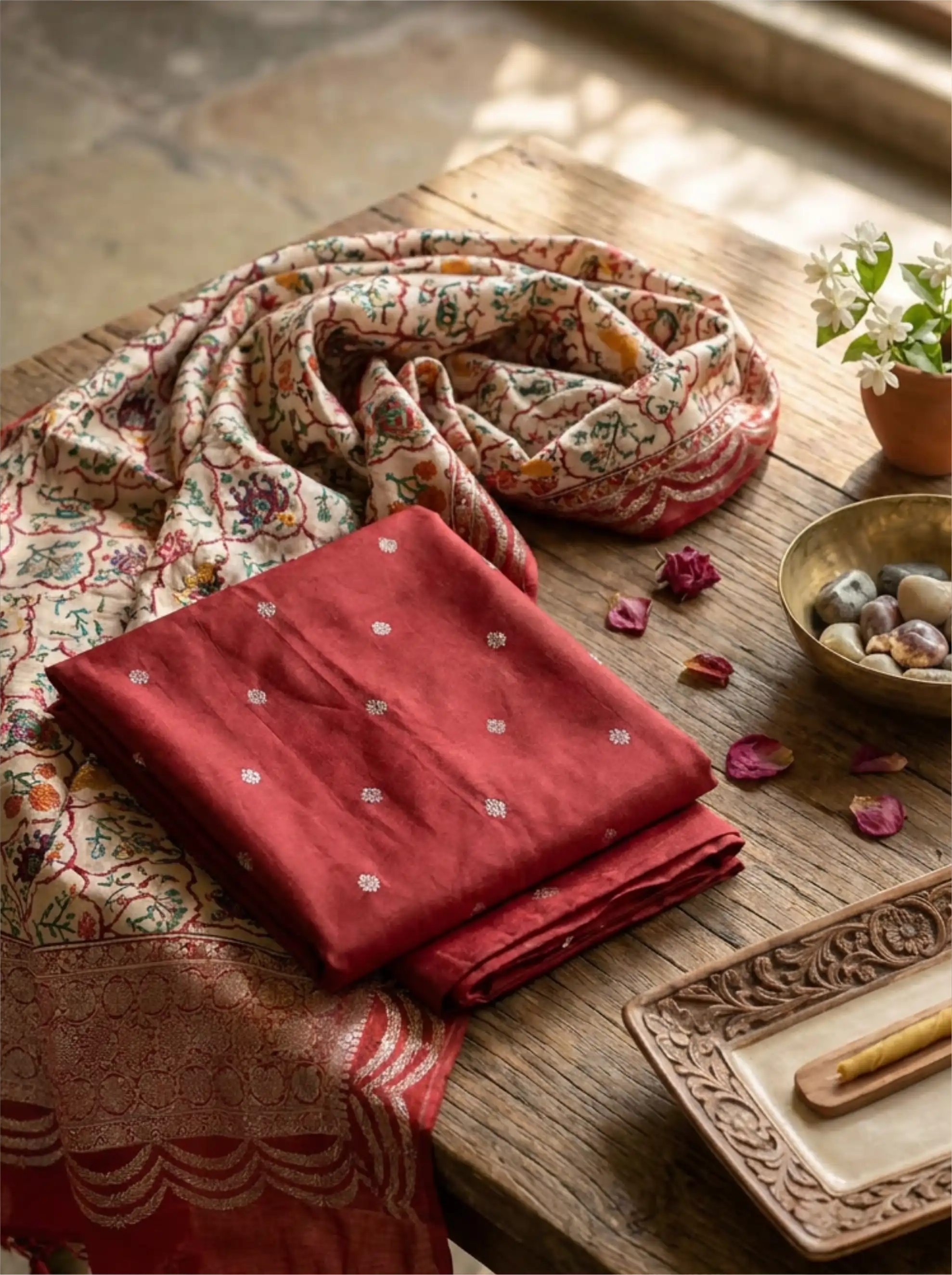 Crimson Elegance Banarasi Silk with Kalamkari Dupatta