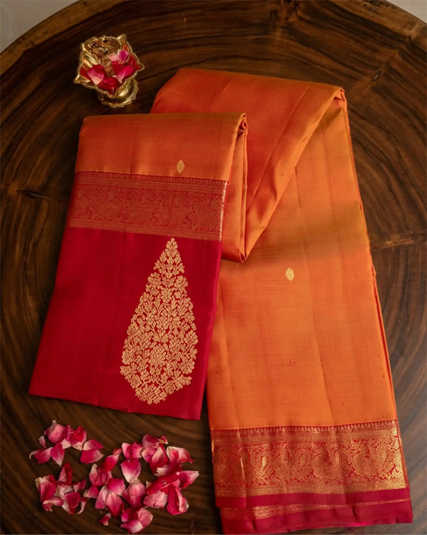 Handwoven Orange And Pink Kanjivaram Buta Silk Saree