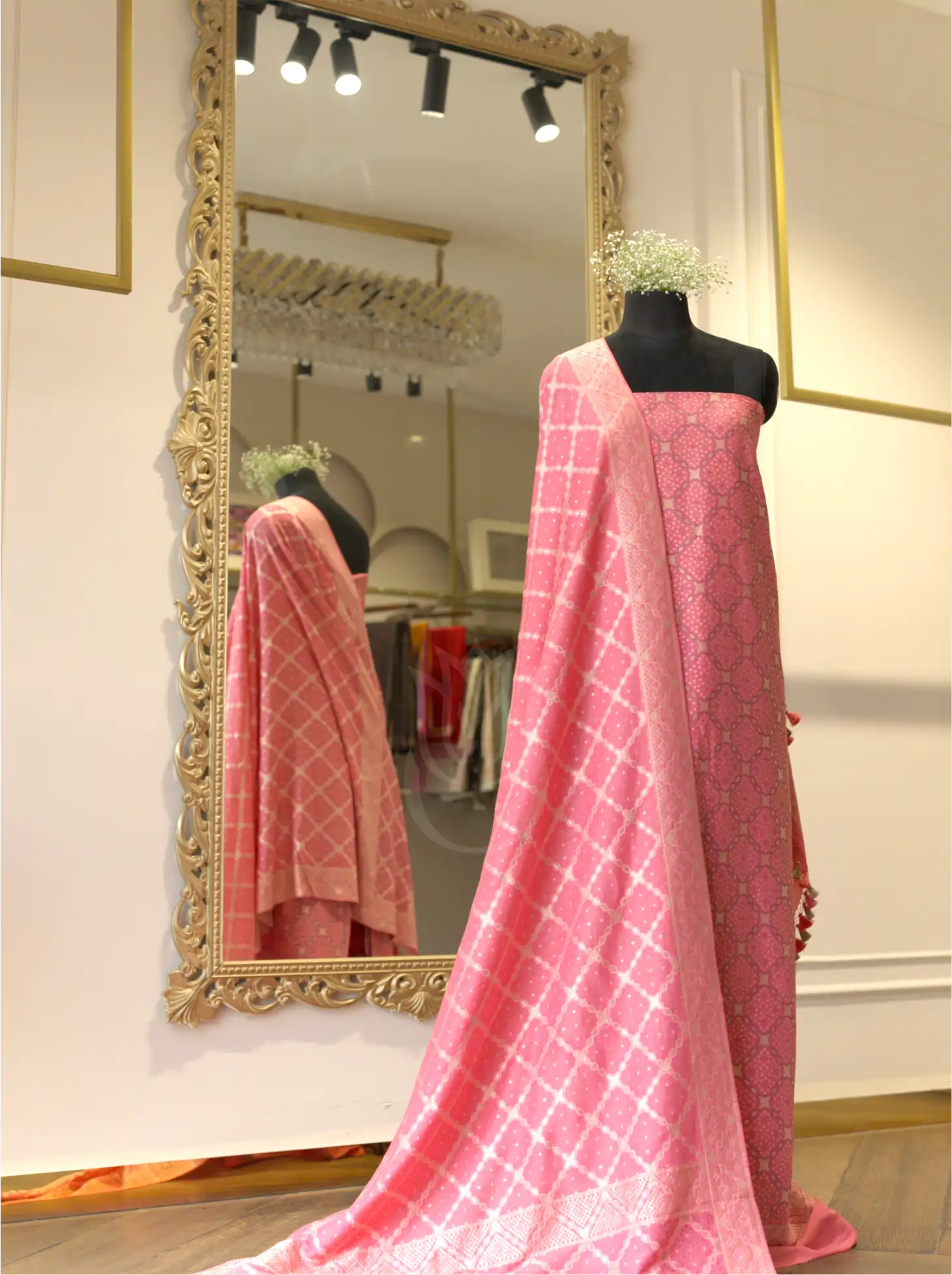 Handwoven Munga Silk Pink Phulkari Pattern Suit Set