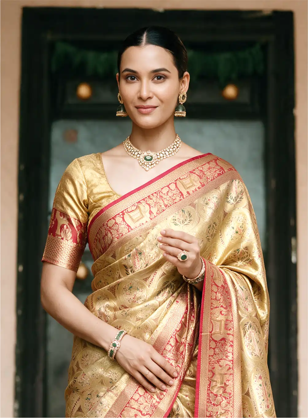 Handwoven Gold & Red Kanchipuram Silk Saree with Rich Zari Border