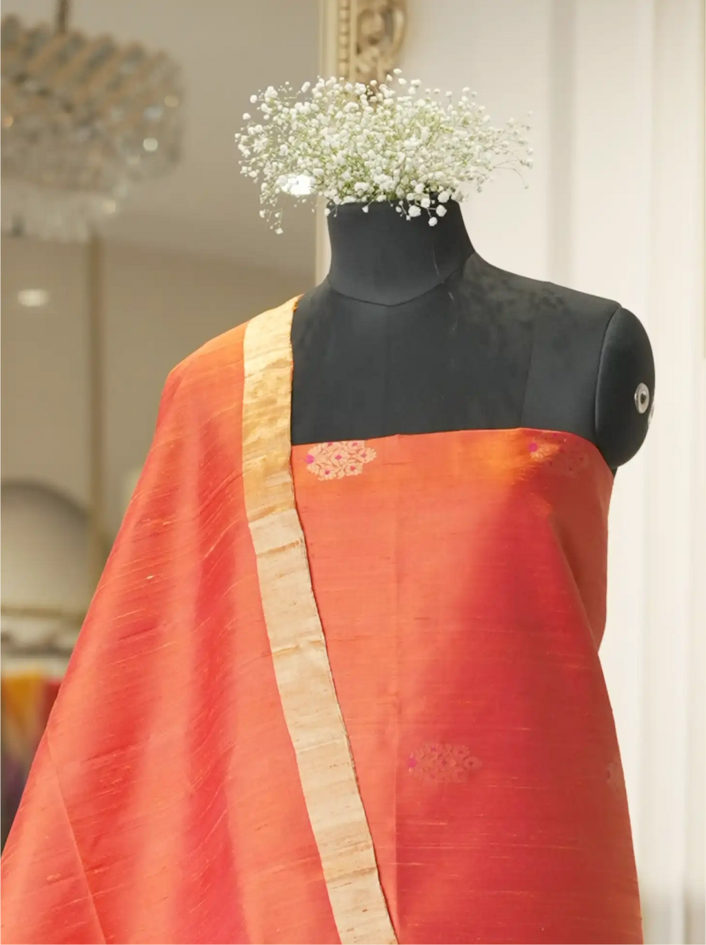 Handwoven Matka Silk Rust Orange Meena Boota Suit Set