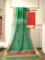 Handwoven Matka Silk Red & Green Suit Set – Unstitched Silk Suit