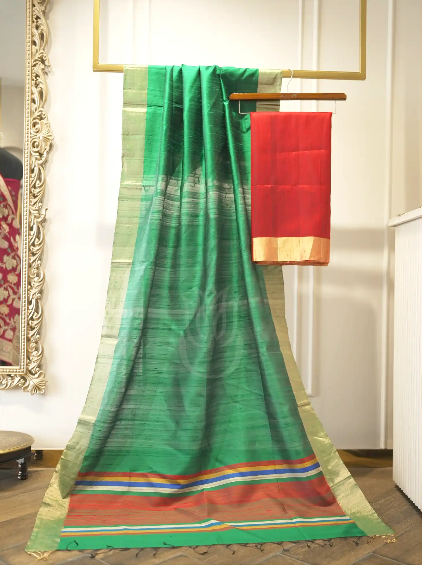 Handwoven Matka Silk Red & Green Suit Set – Unstitched Silk Suit