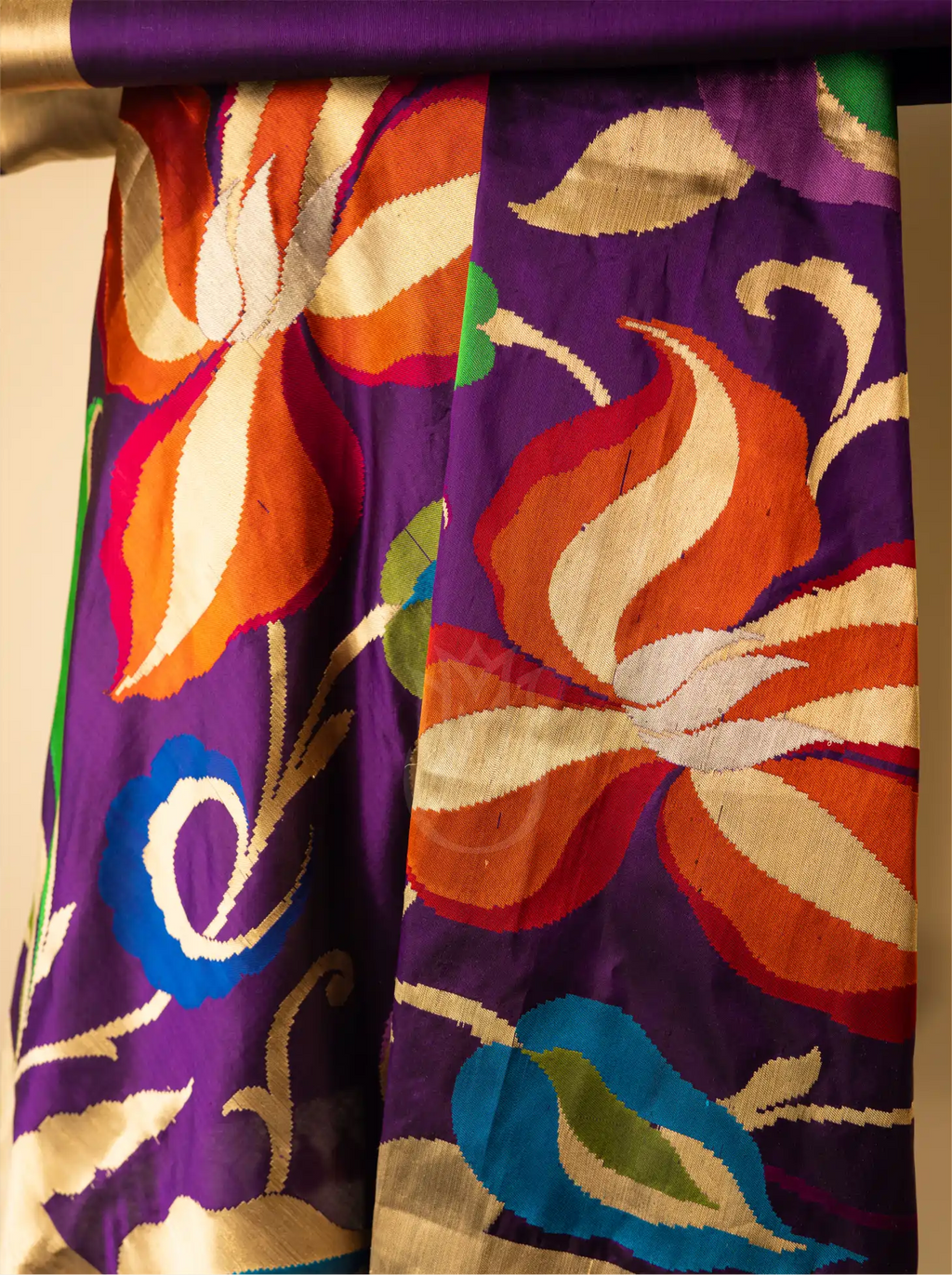 Handwoven Katan Silk Royal Purple Suit Set with Multi-Color Motif Dupatta