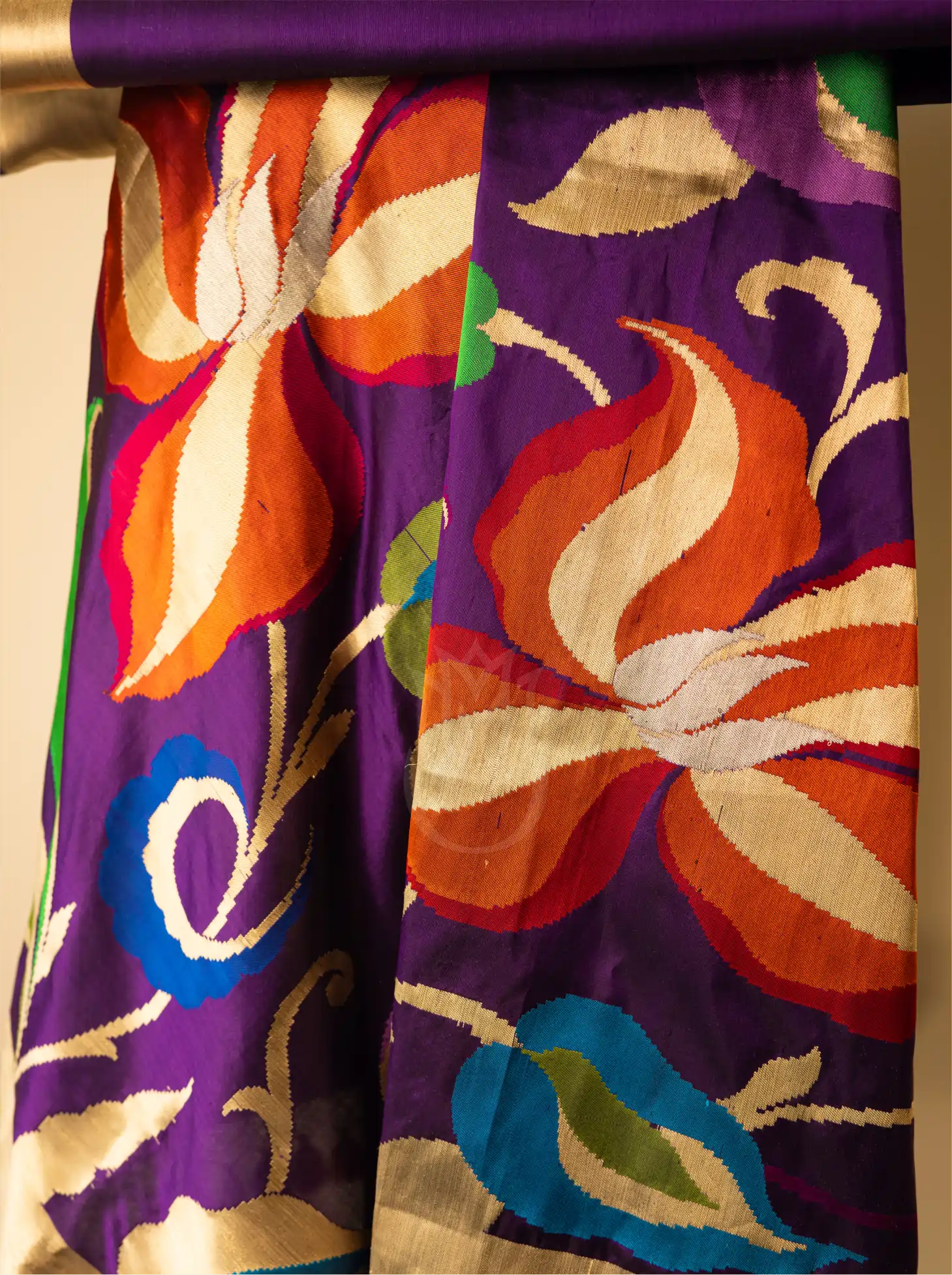 Handwoven Katan Silk Royal Purple Suit Set with Multi-Color Motif Dupatta