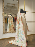 Handwoven Katan Silk Cream Suit Set with Multi-Color Motif Dupatta