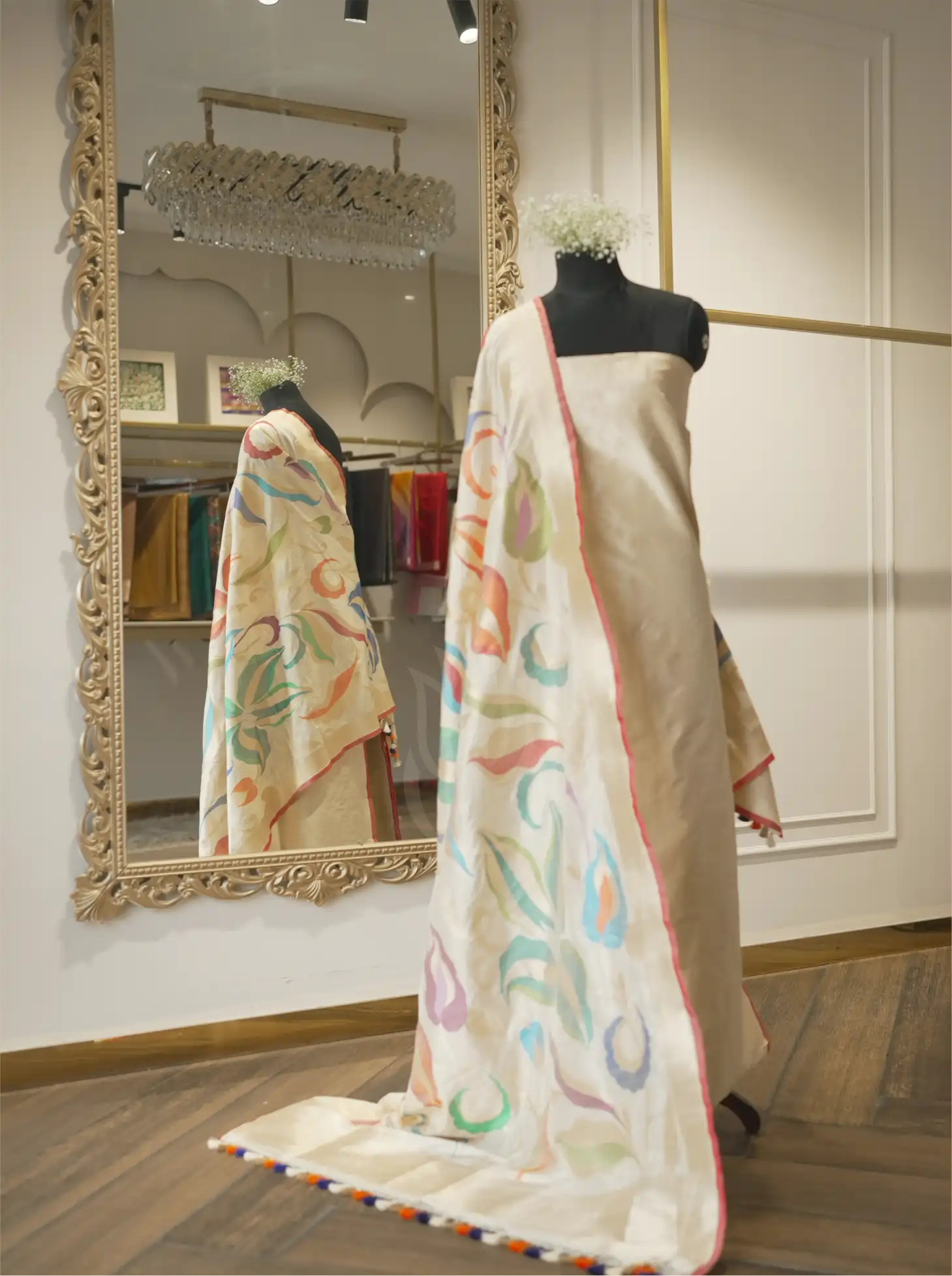 Handwoven Katan Silk Cream Suit Set with Multi-Color Motif Dupatta