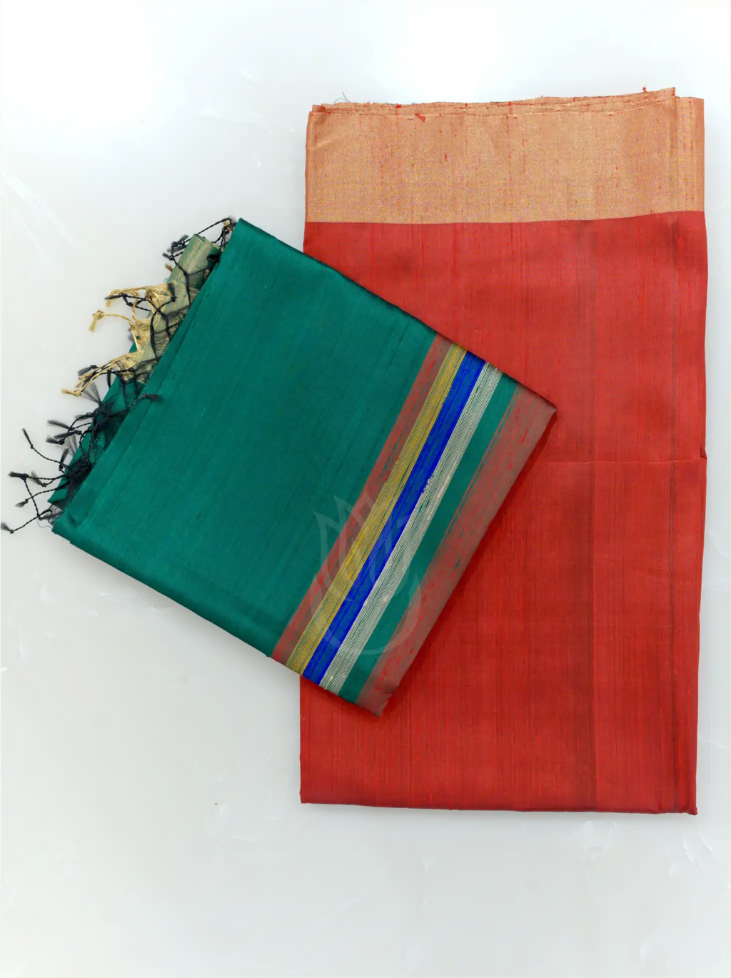 Handwoven Matka Silk Red & Green Suit Set – Unstitched Silk Suit