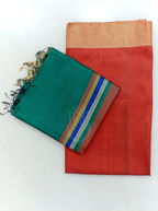 Handwoven Matka Silk Red & Green Suit Set – Unstitched Silk Suit