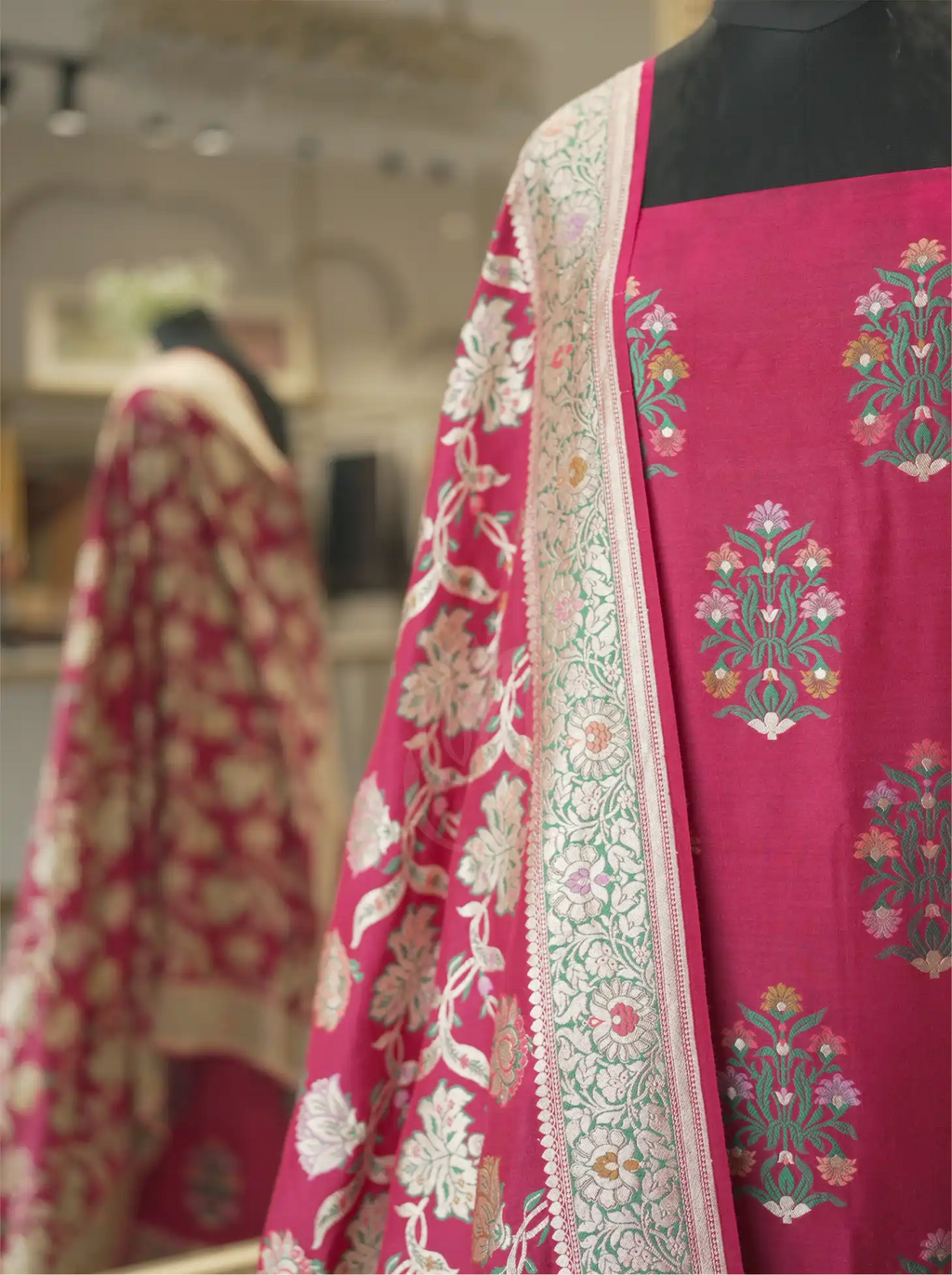 Handwoven Munga Silk Magenta Pink Suit Set – Unstitched Silk Suit