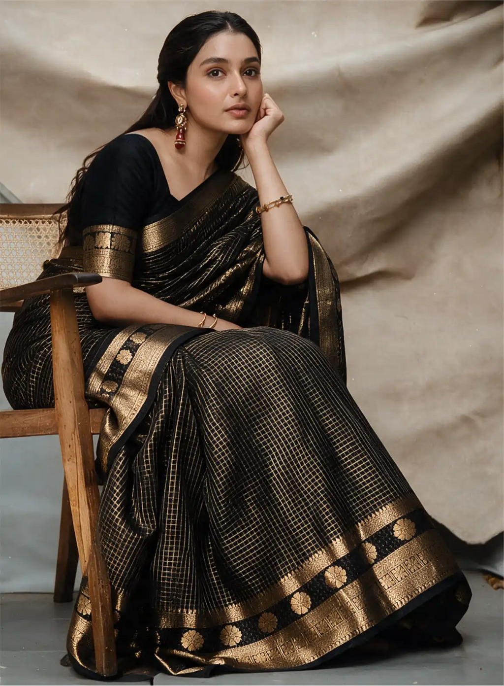 Handwoven Pure Katan Check Silk Saree with Gold Zari Border