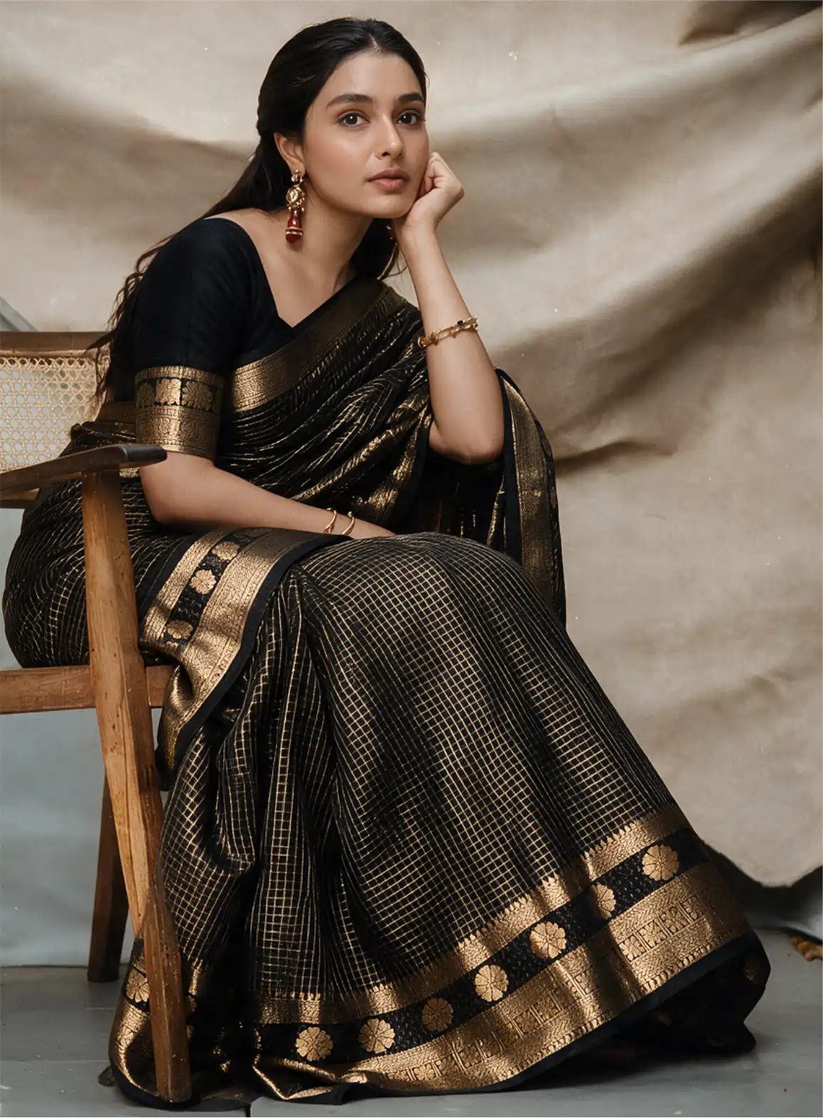 Handwoven Pure Katan Check Silk Saree with Gold Zari Border