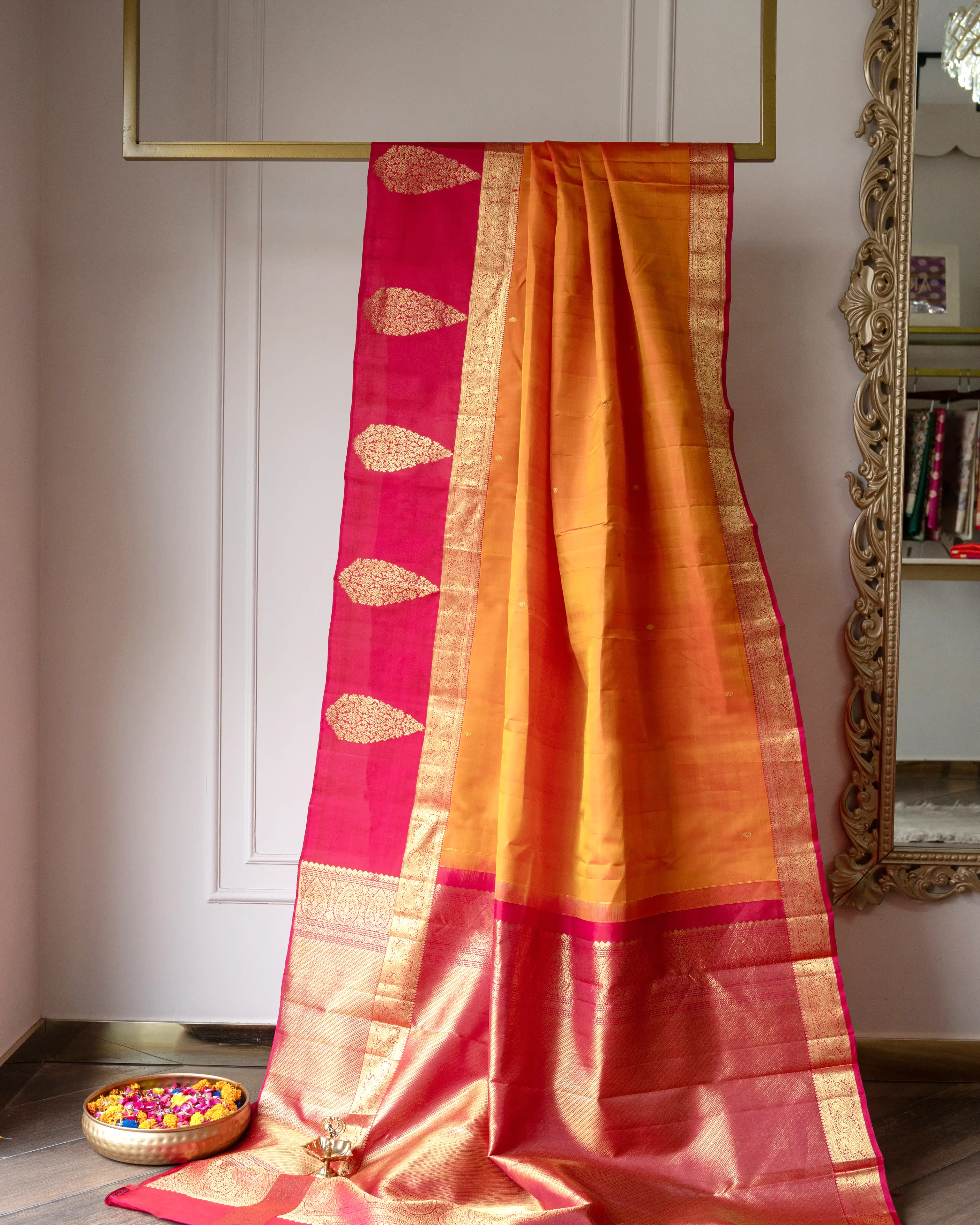 Handwoven Orange And Pink Kanjivaram Buta Silk Saree