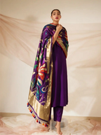 Handwoven Katan Silk Royal Purple Suit Set with Multi-Color Motif Dupatta
