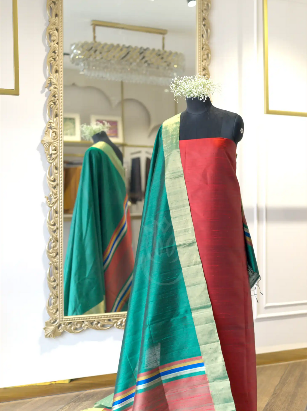 Handwoven Matka Silk Red & Green Suit Set – Unstitched Silk Suit