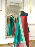 Handwoven Matka Silk Red & Green Suit Set – Unstitched Silk Suit