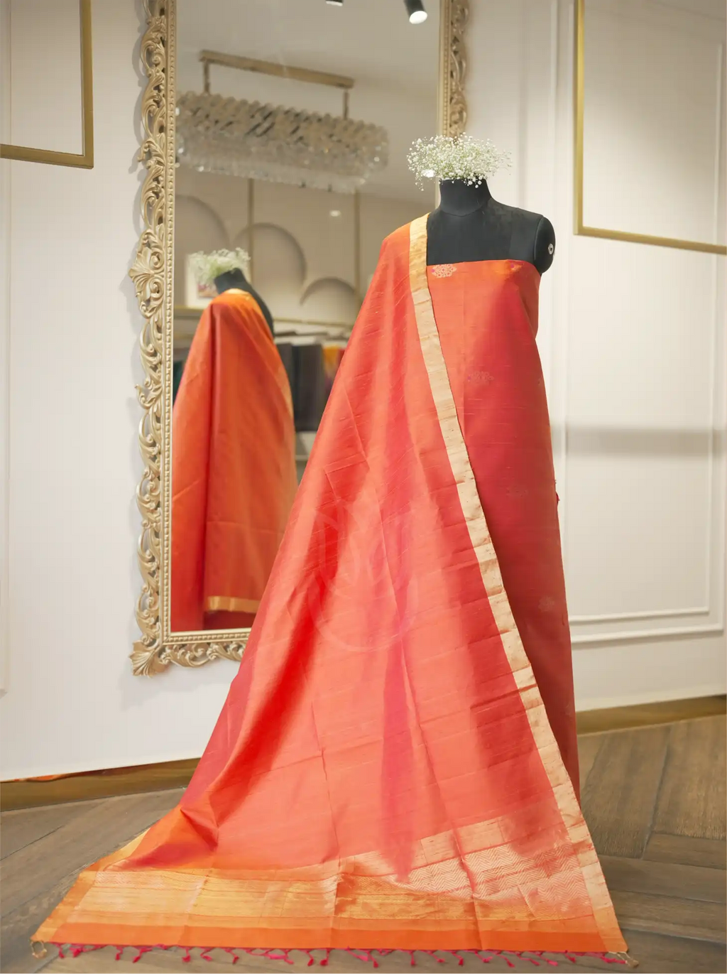 Handwoven Matka Silk Rust Orange Meena Boota Suit Set