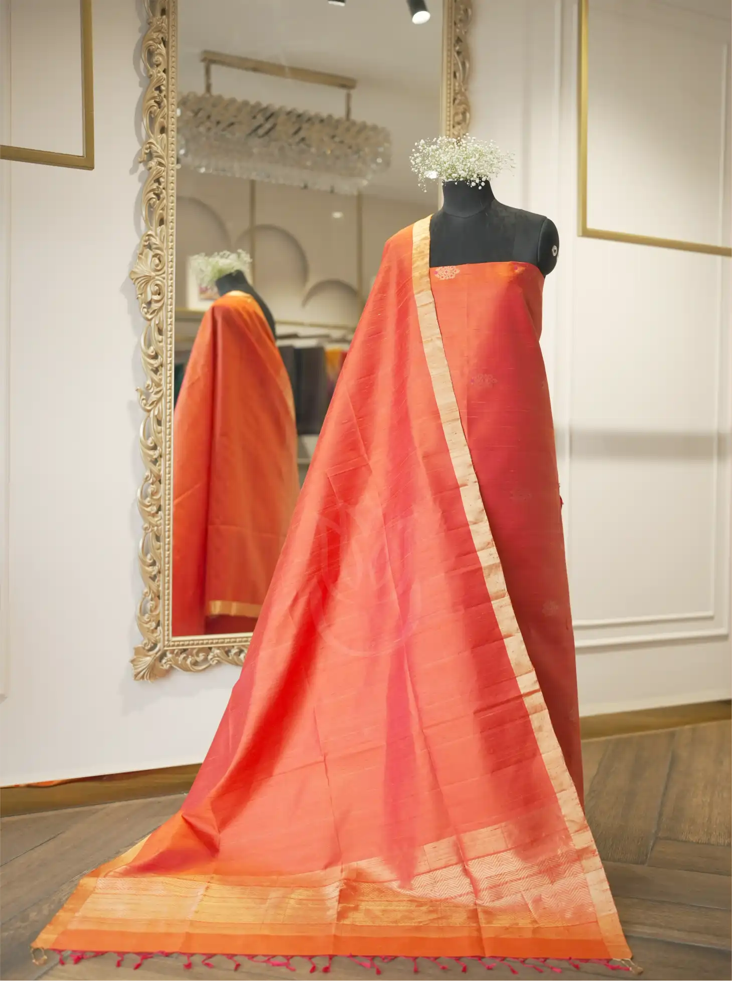 Handwoven Matka Silk Rust Orange Meena Boota Suit Set