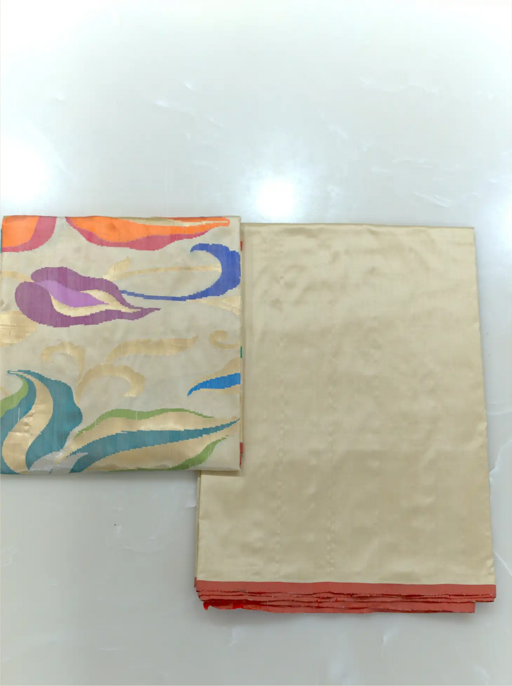 Handwoven Katan Silk Cream Suit Set with Multi-Color Motif Dupatta