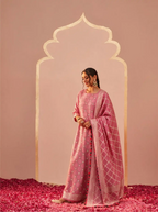 Handwoven Munga Silk Pink Phulkari Pattern Suit Set