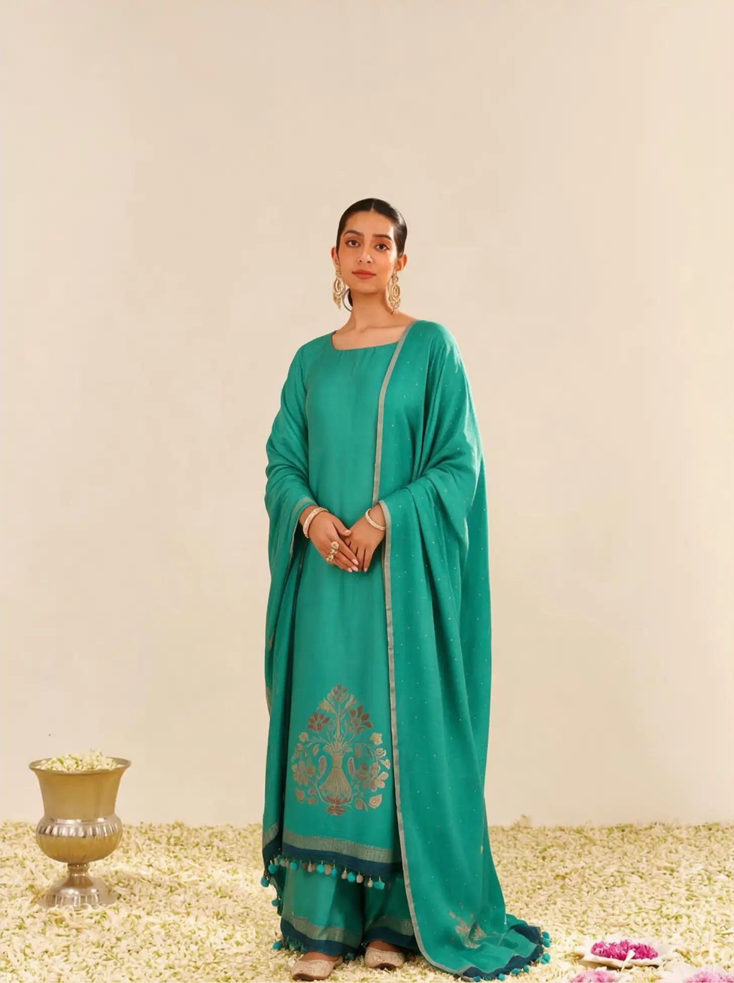 Handwoven Georgette Silk Teal Green Suit Set – Unstitched Silk Suit