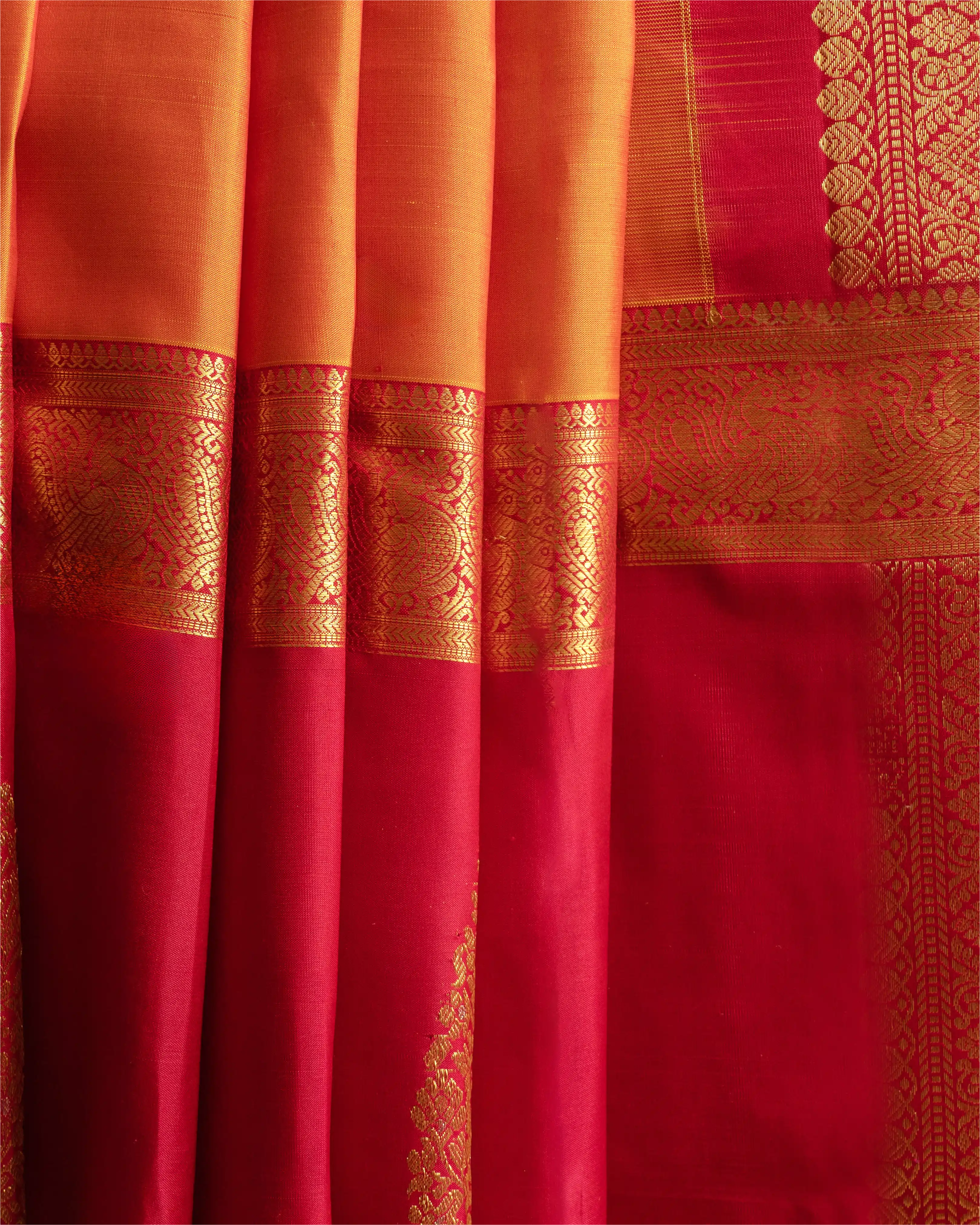 Handwoven Orange And Pink Kanjivaram Buta Silk Saree
