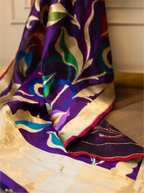 Handwoven Katan Silk Royal Purple Suit Set with Multi-Color Motif Dupatta