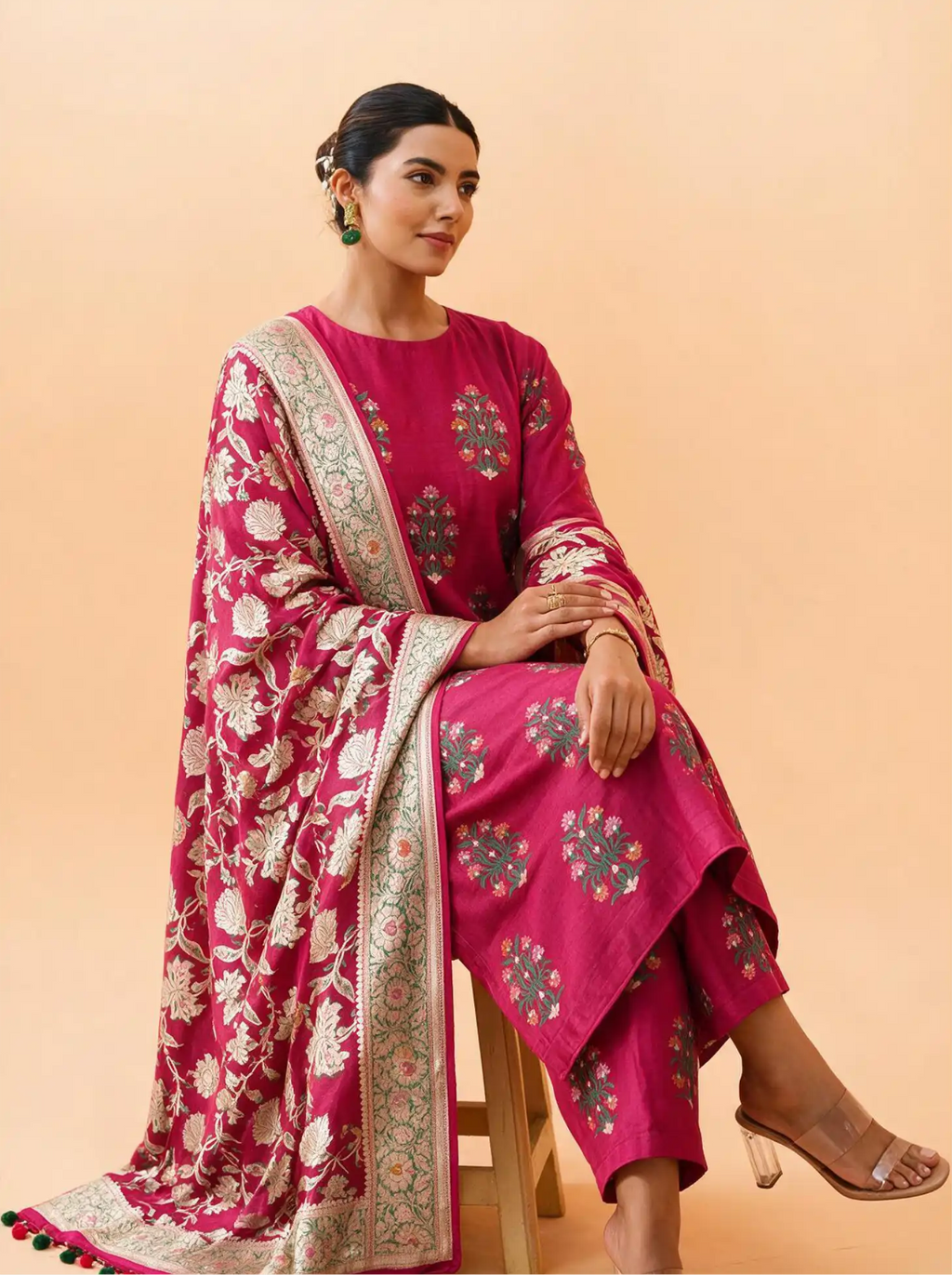Handwoven Munga Silk Magenta Pink Suit Set – Unstitched Silk Suit