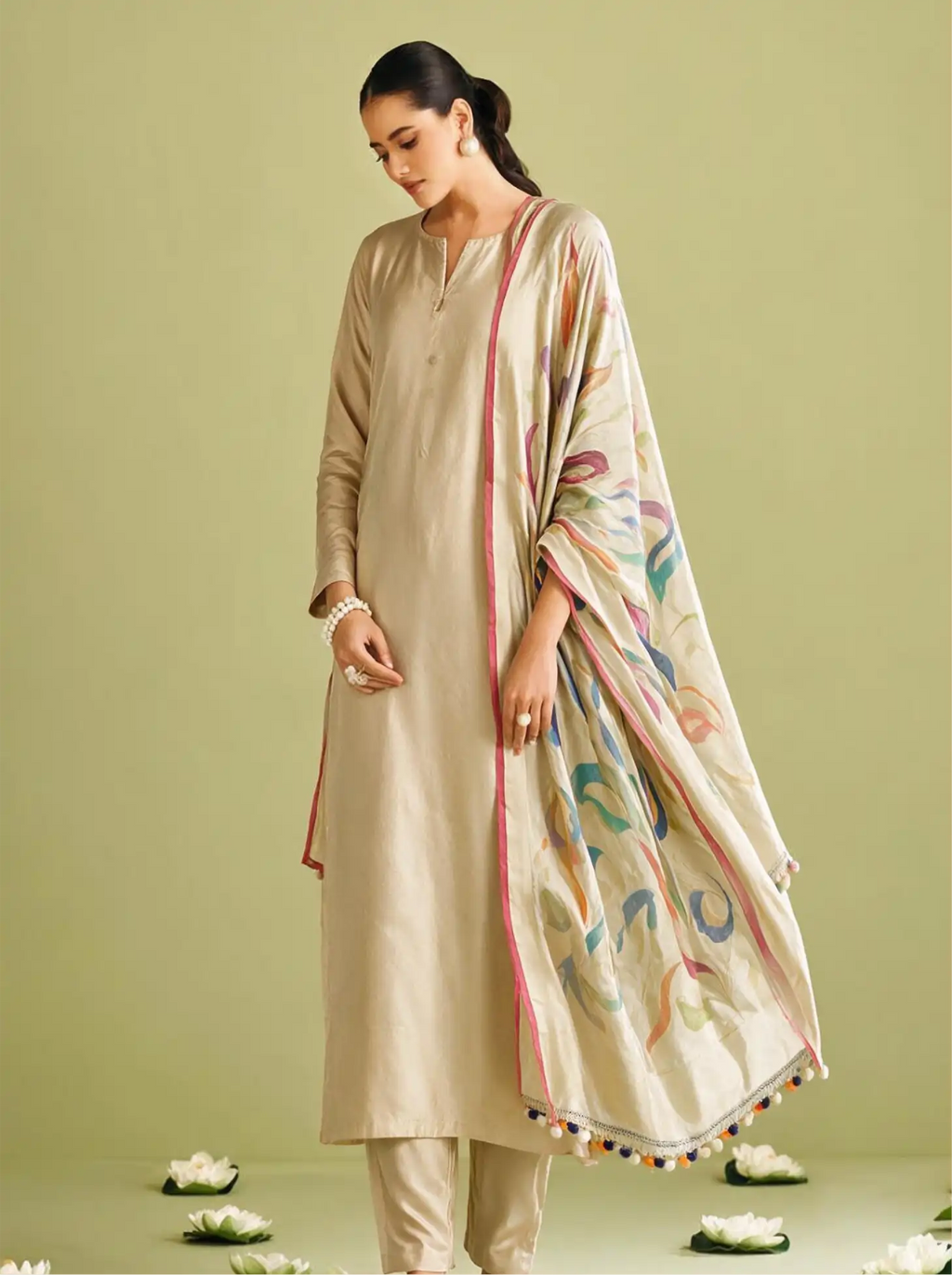Handwoven Katan Silk Cream Suit Set with Multi-Color Motif Dupatta