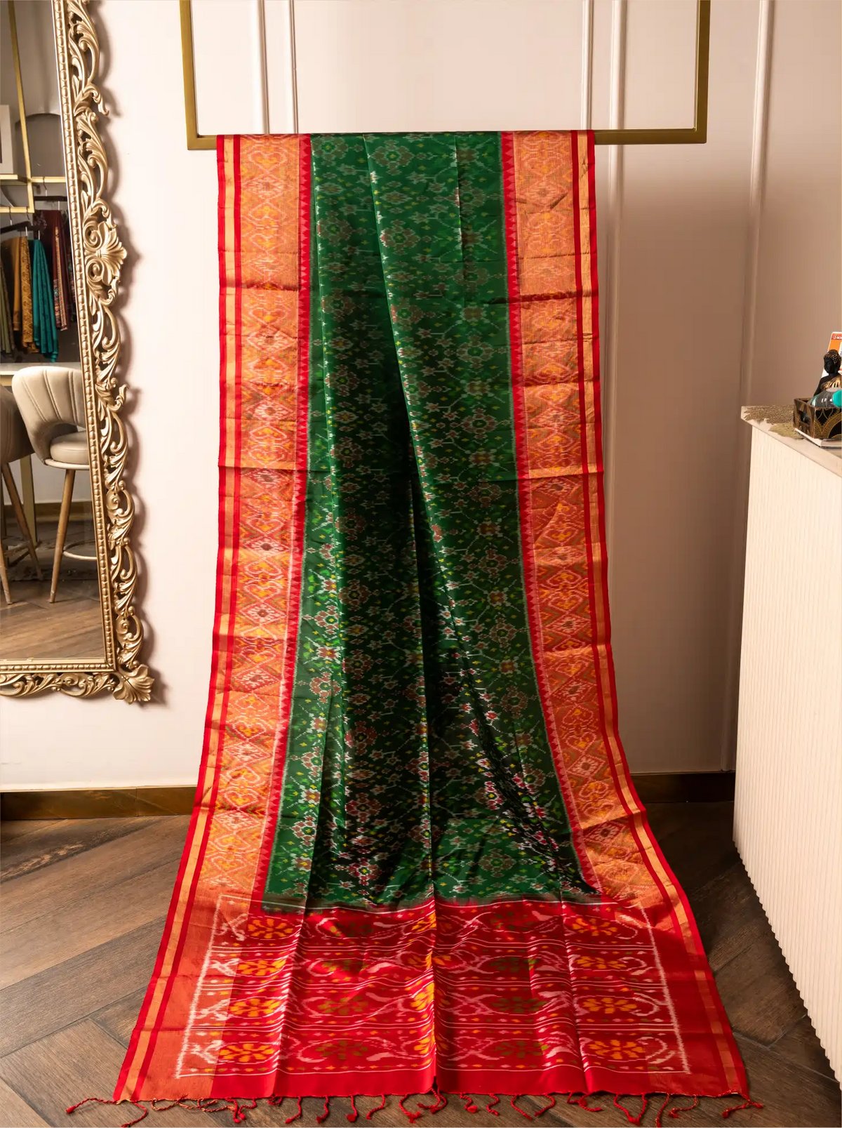 Handwoven Pure Patola Silk Saree in Peacock Green & Red