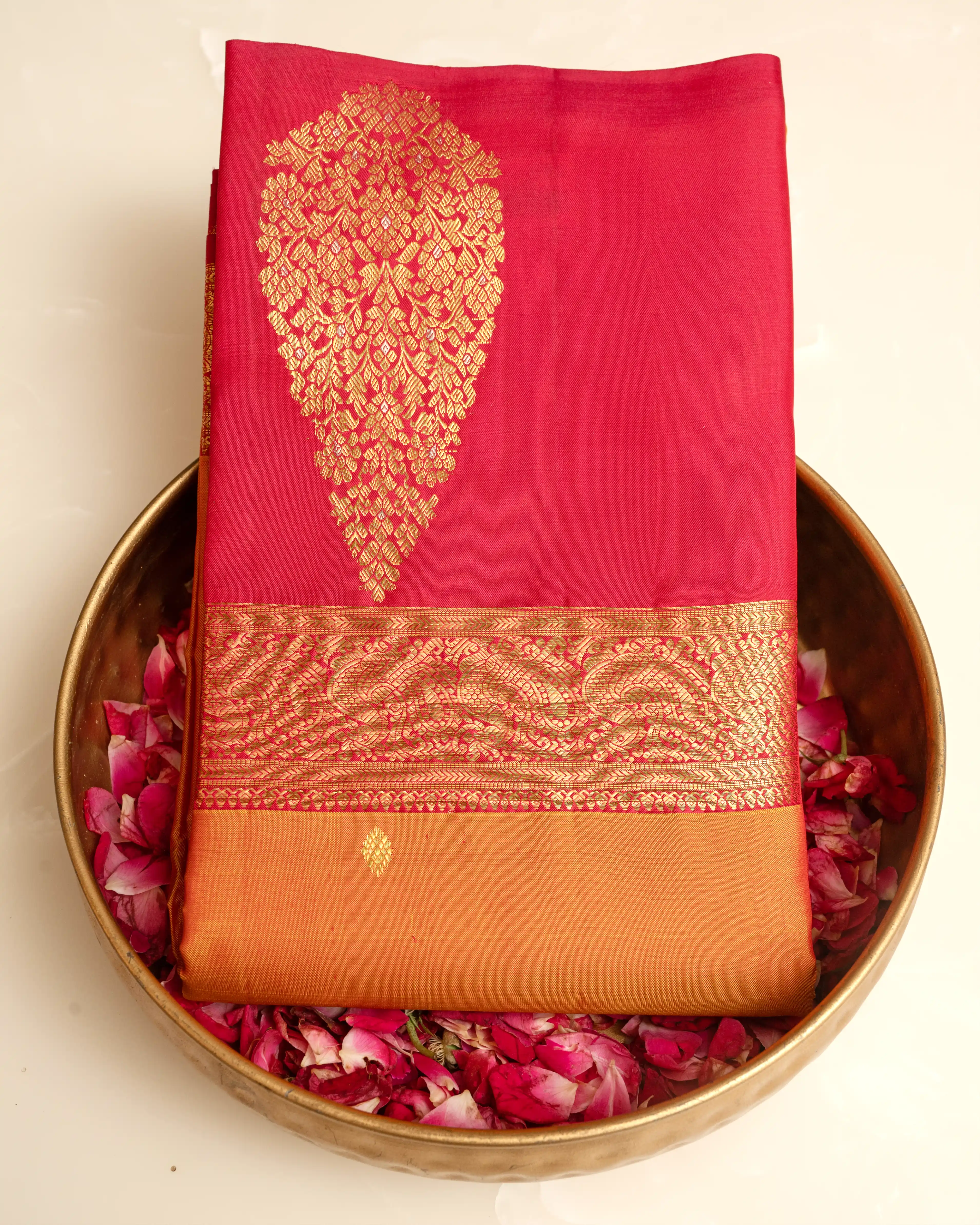 Handwoven Orange And Pink Kanjivaram Buta Silk Saree