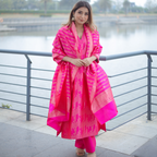 Fuchsia Pink Handwoven Banarasi Silk Suit with Abstract Zari Work
