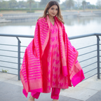 Fuchsia Pink Handwoven Banarasi Silk Suit with Abstract Zari Work