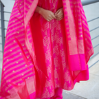 Fuchsia Pink Handwoven Banarasi Silk Suit with Abstract Zari Work