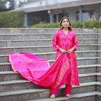 Fuchsia Pink Handwoven Banarasi Silk Suit with Abstract Zari Work