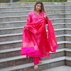 Fuchsia Pink Handwoven Banarasi Silk Suit with Abstract Zari Work