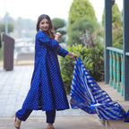 Stylized portrait of the handwoven blue silk suit from the Arzoindia trending celebrity collection.