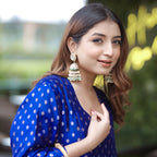 Detailed shot of the neckline design on the blue handwoven Banarasi silk kurta.